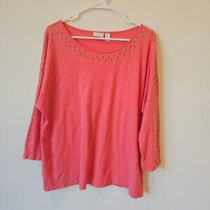 Chicos Coral Pink Grommet Detailed Long Sleeve Top Size 3 Cotton Modal Blend